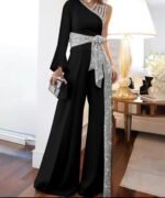 جمبسوت بكتف واحد بتصميم لامع وبنطلون بقصة واسعة